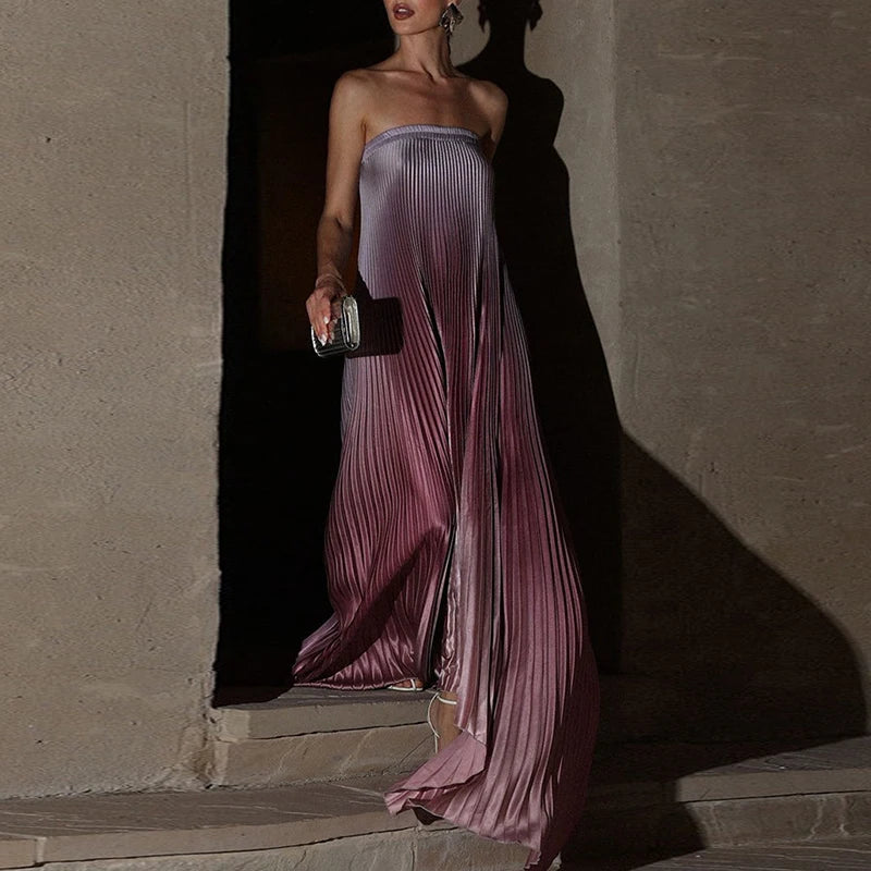 Elegant Sleeveless Off-Shoulder Gradient Long Dress for Women - Backless Gala Gown with Irregular Hemline